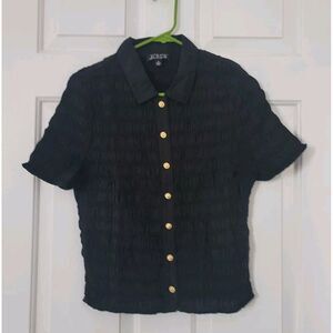 J.Crew‎ Smocked Button-Up Shirt in Cotton-Blend Voile Black Size Medium